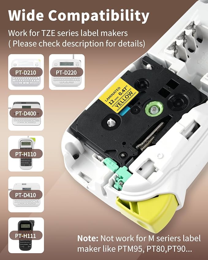 Oozmas Label Tape Yellow Replacement for TZe-631 Brother Label Maker Tape 12mm 0.47 TZE631 TZ Tape Laminated Ptouch Black on Yellow Compatible with Brother P-Touch Label Tape PTD210 PTH110, 4Pack