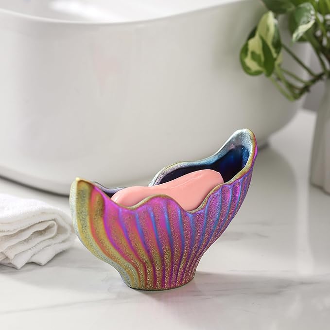 Sponge Holder for Kitchen Sink, Ceramic Dish Sponge Holder with Fishtail Design, Sink Caddy Organizer for Countertop, Farmhouse Kitchen Decor, Compact Counter Dish Caddy (Rainbow)