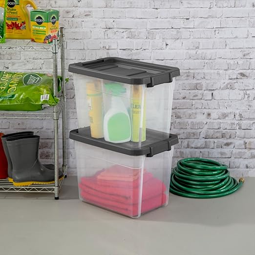 Sterilite 6-Pack Modular Stacker Box, Durable Clear Plastic Storage Bins with Latching Lids, 30 Quart - Stackable Organizing Container Boxes for Closet, Bathroom, and Office