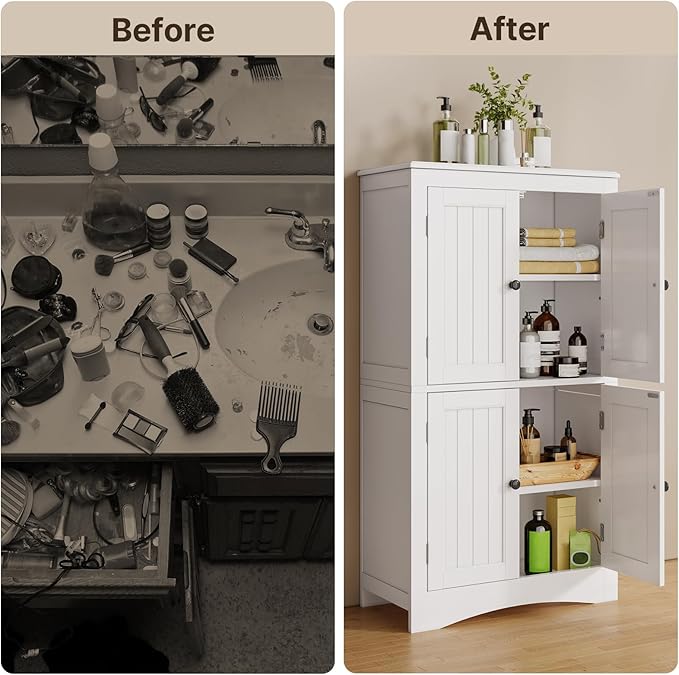 Gizoon 43" Kitchen Pantry Cabinet, Bathroom Storage Unit with Adjustable Shelves and 4 Magnetic Doors, Floor Cabinet for Kitchen, Living Room, White