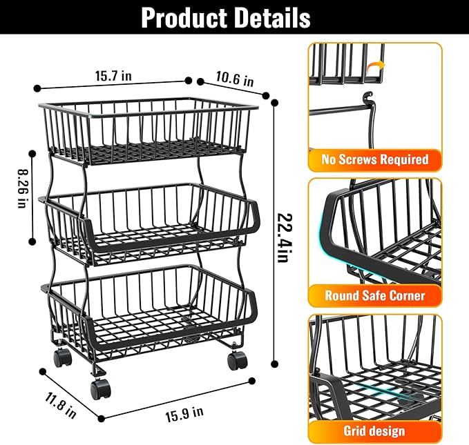 3-Tier Rolling Pantry Organizer and Storage Cart with Wheels – Stackable Wire Snack Cart for Kitchen, Pantry Shelves and Storage Rack for Fruit, Vegetables, Onion, Potato (1 Pack)