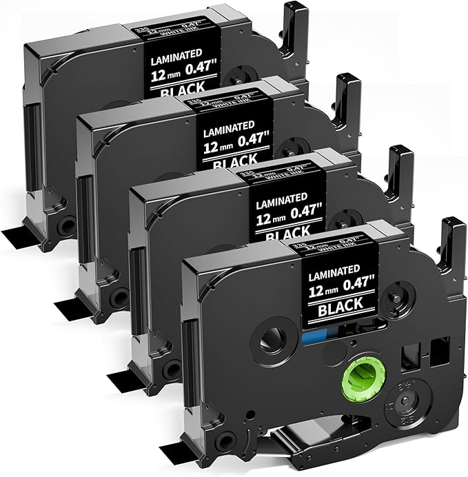 TZe-335 TZe335 Label Maker Tape White on Black Replacement for Brother P Touch TZe TZ Tape 12mm 0.47 Laminated Black, Compatible with Brother PT-D220 PT-D210 PT-H110, 4-Pack