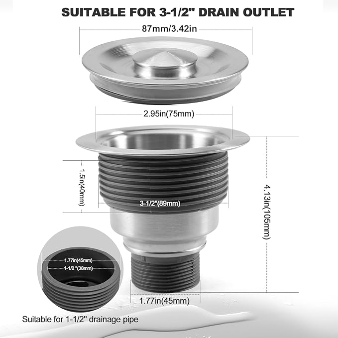 3 1/2" Kitchen Sink Drain Kit Replacement Sink Drain Assembly Removable 304 Stainless Steel Deepen Sink Strainer Basket with Sealing Cover for Kitchen Laundry RV(Brushed +Tailpiece)