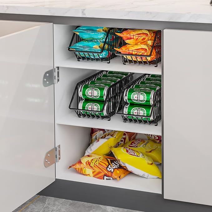 Stackable Soda Can Organizer Rack, Stacking Can Dispensers Refrigerator Organizer Bins Pop Soda Dispenser Canned For Fridge, Freezer, Kitchen, Cabinets (Black, 6)