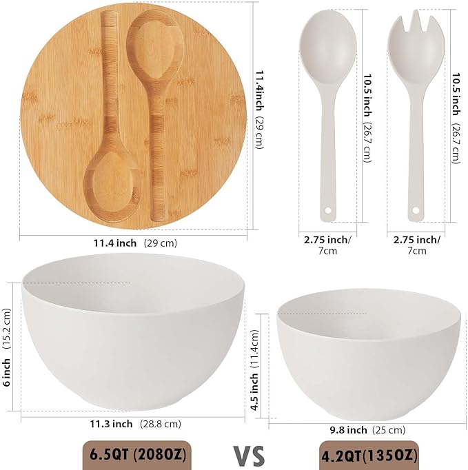 ECOHAGOU 11.3" Extra Large Salad Serving Bowl Set with Wooden Lid&Utensils, 6.5Qt., Bamboo Fiber Salad Bowl with Servers for Kitchen, Lightweight Big Bowl for Mixing Salad,Fruit,Pasta - Matte White