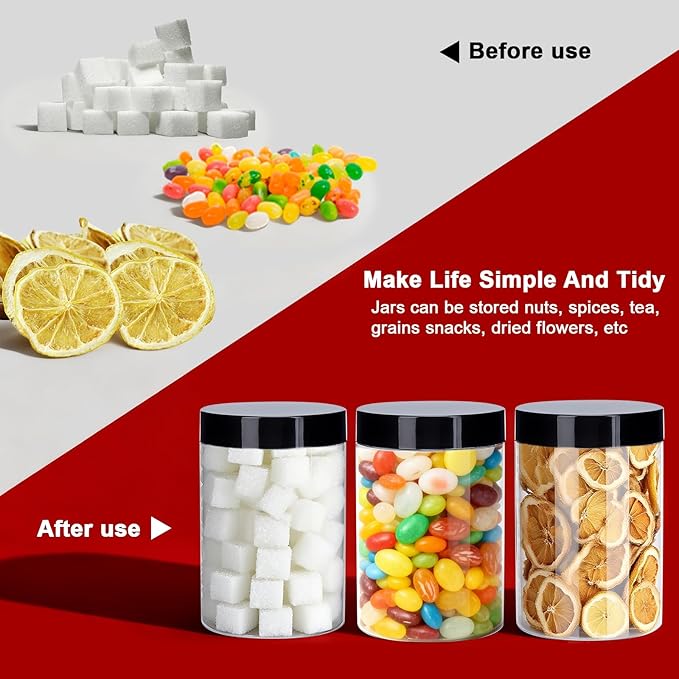Plastic Jars with Lids,OBKJJ 51 PCS 10 OZ Large Capacity Clear Storage Containers with Leakproof Lids Reusable Empty Storage Container for Dry Food Spice Candy Cookie Household and Kitchen Organizing