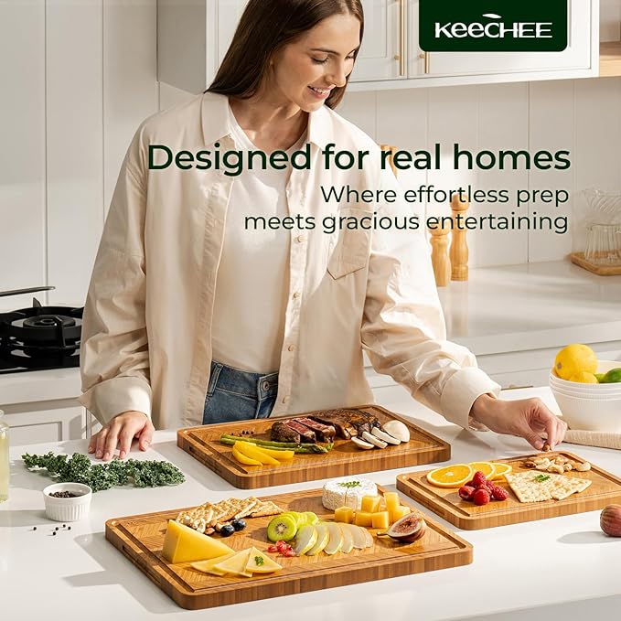 Keechee Atelier Collection Bamboo Cutting Board Set of 3, Reversible Wood Chopping Boards for Kitchen with Juice Grooves, Handcrafted Large Serving Tray, Luxury Housewarming Wedding Gifts for New Home