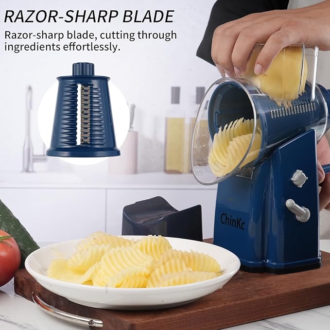 ChinKc Upgrade Rotary Cheese Grater Shredder with Handle, Strong Suction Base, Multi-purpose Rotary Grater Slicer with 5 Interchangeable Blades for Ice, Vegetables, Fruit, Nuts with Blade Storage Box