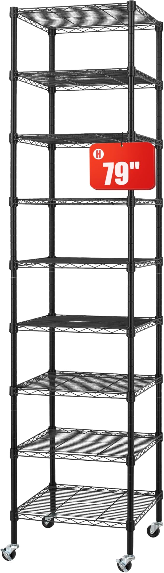 Finnhomy Heavy Duty 9 Tier Wire Shelving with Wheels 18x18x79-inches 9 Shelves Metal Storage Rack Thicken Steel Tube, Pantry Shelves for Storage, Adjustable Shelving Unit, NSF Certified, Black