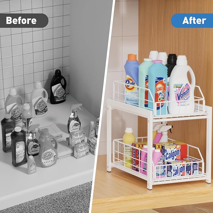 Lxmons 2 Tier Sliding Basket Drawer Organizer, Pull Out Under Sink Cabinets Organizers, Metal Home Shelf for Bathroom or Kitchen, Sliding Countertop or Pantry Storage Shelf, White