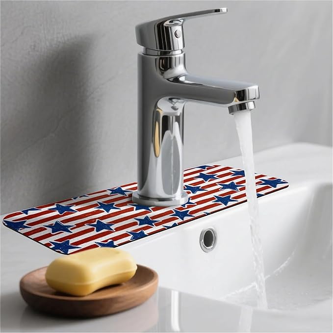 Kitchen Sink Splash Guard，Stripes and stars Faucet Mat Sink Gadgets-Super Absorbent Fast Drying Mat Drip Catcher for Kitchen, Bathroom,Sink Mat, Dish Drying Mat, Bathroom(15" X 5.5" )