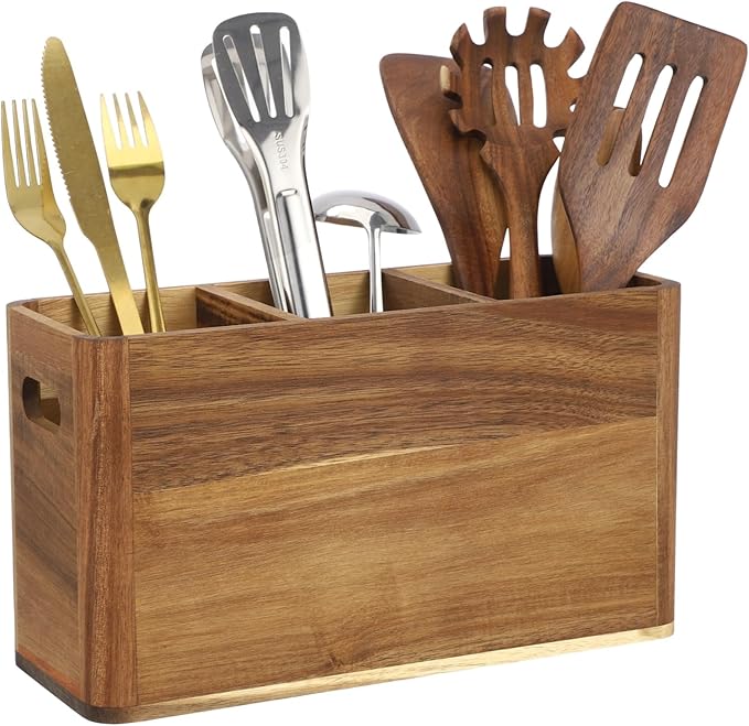 OMISTAR 3-Compartment Kitchen Wooden Utensil Holder Organizer, Large Wood Utensil Container with Dividers, 12 x 4.7 x 6.8 in, Wooden Storage for Cooking and Silverware