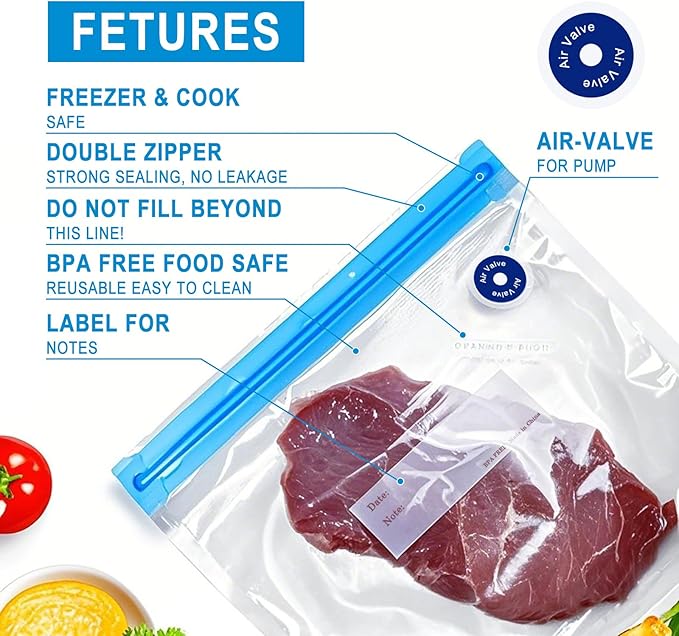 Reusable Sous Vide Bags 53Pcs BPA-Free, 2.9L Vacuum Sealer Bags for Cooking & Microwave, 45 Zipper Bags, 3 Seal Clips ＆ 5 Cooking Clips, Heat-Resistant & Leakproof (10x11in)