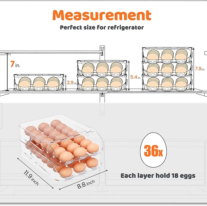 Egg Holder for Fridge, Automatic Steady Rolling Egg Dispenser with Silicone Bumpers & Handle for Refrigerator, Large Capacity Egg Organizer with Lid