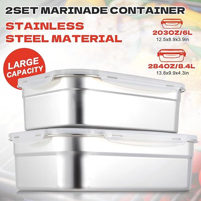 2pcs Large Stainless Steel Marinating Containers with Lids, Food Storage Containers for Refrigerator, Leak-proof & Stackable for Meal Prep,Turkey, Meat, Bacon(284oz/8.4l + 203oz/6l)