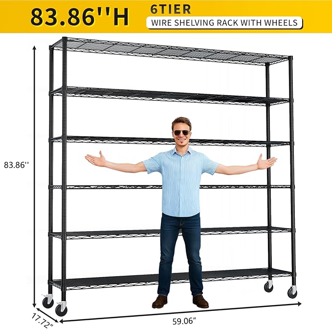 Karl home 6-Tier Metal Storage Shelves, Adjustable Wire Shelving Unit with Wheels & Leveling Feet, Heavy Duty Garage Shelving, Pantry & Kitchen Display Shelf Organizer, Home Storage Rack