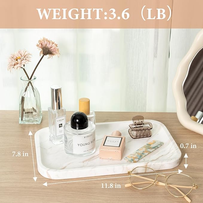 Karibiber Marble Vanity Tray, Marble Bathroom Tray Countertop, Decorative Trays for Dresser Organizer, White Stone Storage Serving Trays for Kitchen, Perfume, Jewelry Cathall Holder