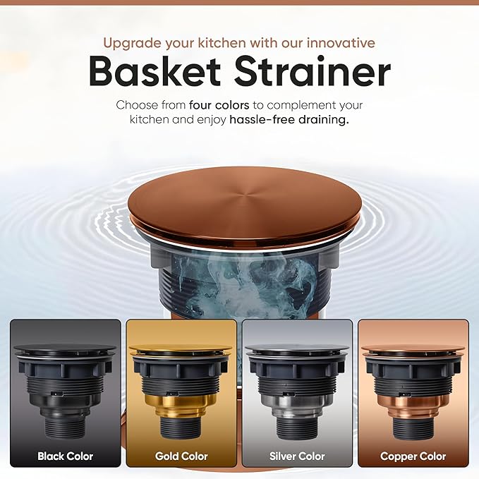 Strictly Sinks Sink Drain Strainer with Removable Basket - 3-1/2 Inch Stainless Steel Round Kitchen Sink Drain Assembly Kit with Deep Strainer Basket & Flat Cover Lid (Copper)