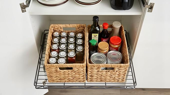 Water Hyacinth Storage Baskets Set of 2 - Medium Decorative Wicker Baskets for Organizing Shelves, Rectangular Woven Storage Bins with Handles for Pantry, Bathroom, Living Room 13"x9"x7"