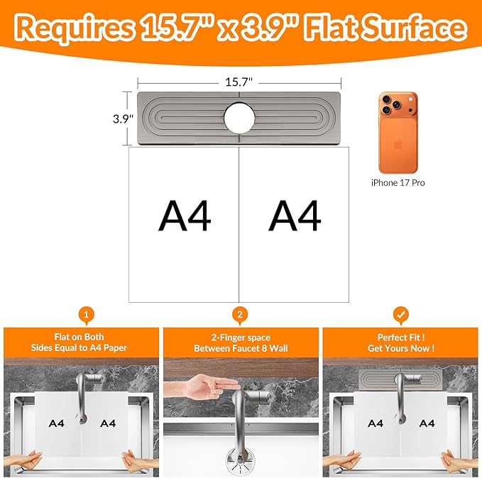 15.7 Inch Stone Faucet Mat for Kitchen Sink Splash Guard, Diatomite Sink Protectors for Kitchen Sinks Behind Faucet, Quick Dry Water Absorbing Stone Tray , Drip Catcher (White, 15.7" x 3.9")