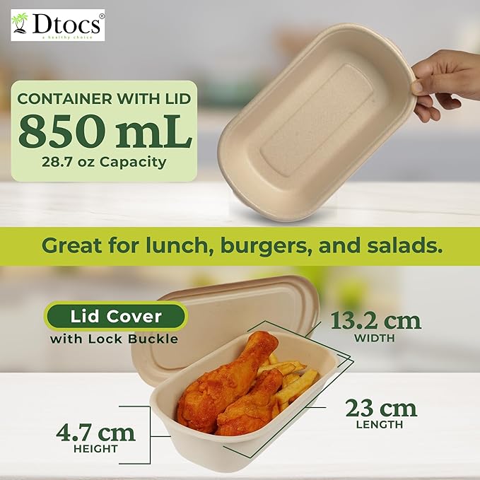 Dtocs Bamboo Fiber Meal Prep Containers with Lids 28 Oz, 50 Pcs | Bagasse Like Bamboo Disposable Container | Microwavable Lunch, Salad, To Go Meal Box | Alternative to Paper, Plastic Food Containers