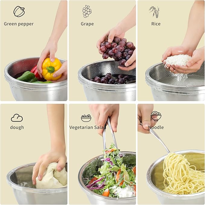 304 Stainless Steel Microporous Colander, 2.5QT Large Capacity with Mixing Bowl For washing vegetables, fruit and rice and for draining cooked pasta(2PC)