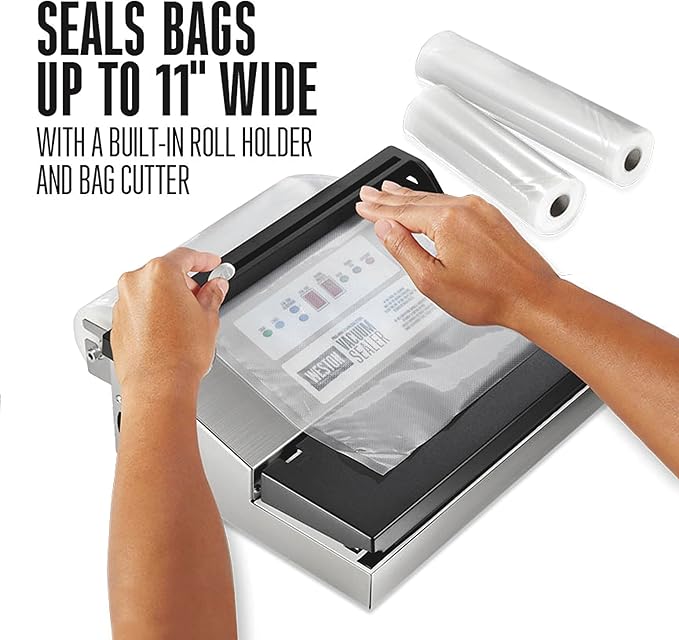 Weston Brands Vacuum Sealer Machine for Food Preservation & Sous Vide, Extra-Wide 5mm Bar for Sealing Bags up to 11" Wide, 460 Watts, Pro 1100, Stainless Steel (65-0650-W)