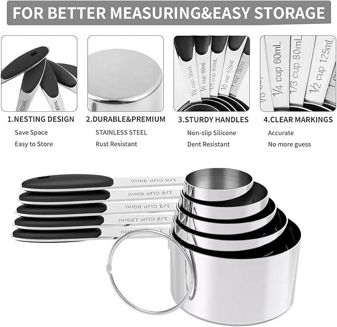 TILUCK Measuring Cups and Spoons Set, Stainless Steel, Kitchen Utensils for Cooking and Baking (9)