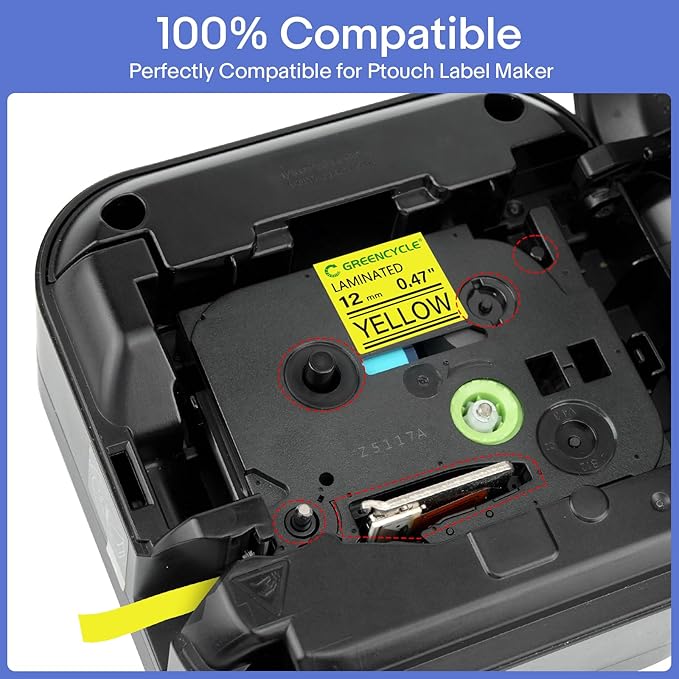 GREENCYCLE 10 Pack Compatible for Ptouch TZe-631 AZE 631 TZ631 TZ-631 1/2" 12mm 0.47 inch Laminated Black on Yellow TZ TZe Label Tapes Used in PTH110 PT-D200 PTD600 D400 Label Makers