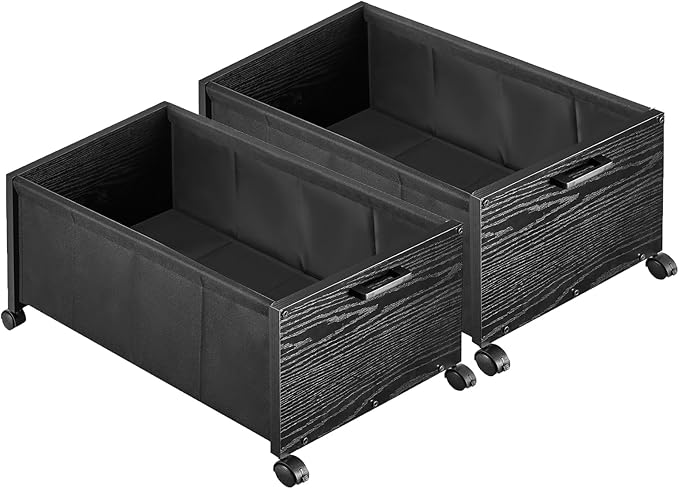 Under Bed Storage with Wheels, Wooden Under Bed Drawers On Wheels, Rolling Under Bed Shoe Storage, Space Saving, Black,70L