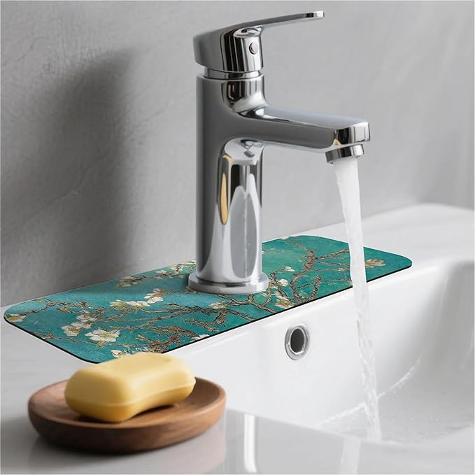 Kitchen Sink Splash Guard，Blossoming apricot flowers Faucet Mat Sink Gadgets-Super Absorbent Fast Drying Mat Drip Catcher for Kitchen, Bathroom,Sink Mat, Dish Drying Mat, Bathroom(15" X 5.5" )
