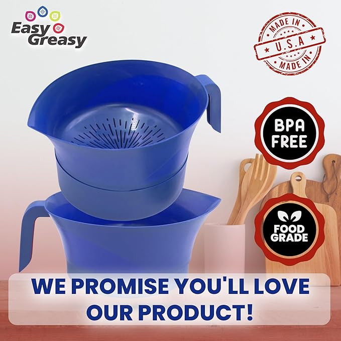 Easy Greasy 3-Piece Colander Grease Strainer Set – Blue Grease Separator with Handle, Container & Lid – Strains Bacon, Pasta, Ground Beef – BPA-Free Kitchen Gadget