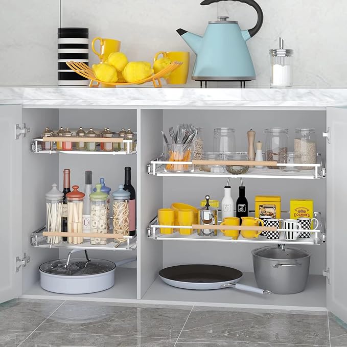 2Pack Pull Out Cabinet Organizer, 12.2~17.9"W x 22.5"D Expandable Pull Out Shelves for Kitchen Cabinets, Heavy Duty Metal Slide Out Pantry Shelves Sliding Shelf for Home Kitchen,Under Sink,Wardrobe