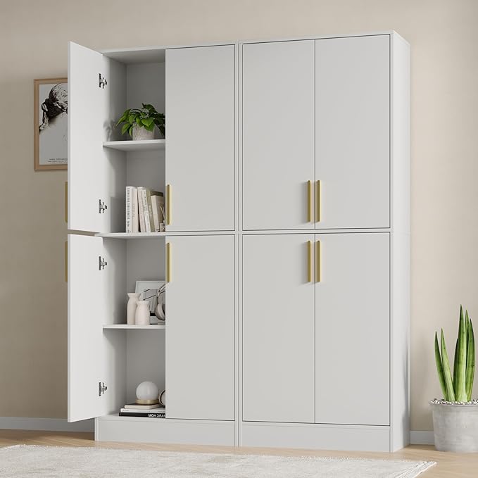 71" Tall Pantry Cabinet with 4 Doors, Kitchen Pantry Storage Cabinet, Freestanding Larder Cupboard, Kitchen Hutch with Gold Handles for Dining Room, Bathroom, White