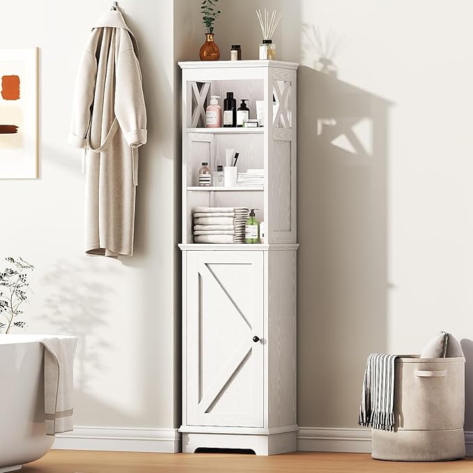 Viroformo Narrow Bathroom Storage Cabinet with Door and Open Adjustable Shelves, 60.9" H Wooden Tall Tower Corner Farmhouse Cabinet, Freestanding Organizer for Kitchen, Entryway White