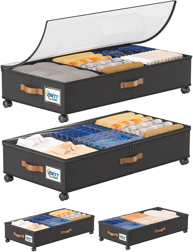 2Pack Under Bed Storage with Wheels, Under Bed Shoe Storage Containers, Clothes Organizer & Bedroom Furniture Organizers,Foldable Home Storage Bins for Bedroom Organization - Classic