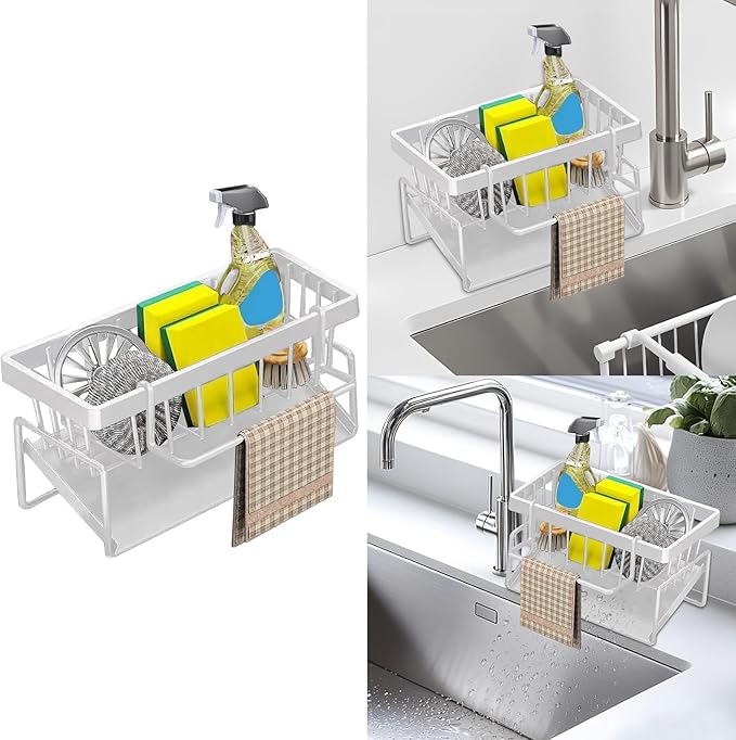 kitchen sink caddy, dish sink sponge holder (With rod-white)