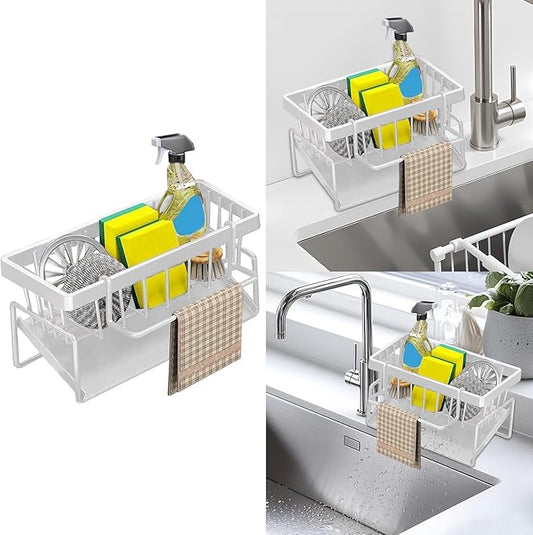 kitchen sink caddy, dish sink sponge holder (With rod-white)
