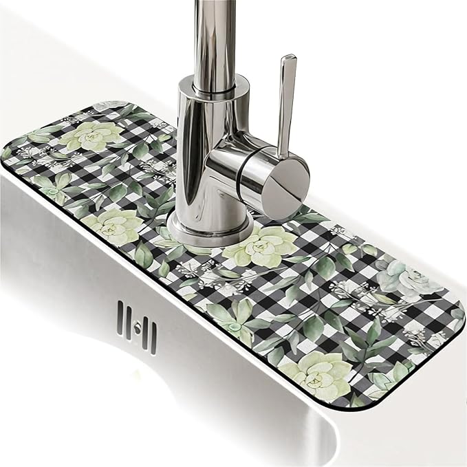 Kitchen Sink Splash Guard，succulents and checkered Faucet Mat Sink Gadgets-Super Absorbent Fast Drying Mat Drip Catcher for Kitchen, Bathroom,Sink Mat, Dish Drying Mat, Bathroom(15" X 5.5" )