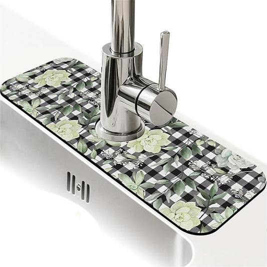Kitchen Sink Splash Guard，succulents and checkered Faucet Mat Sink Gadgets-Super Absorbent Fast Drying Mat Drip Catcher for Kitchen, Bathroom,Sink Mat, Dish Drying Mat, Bathroom(15" X 5.5" )
