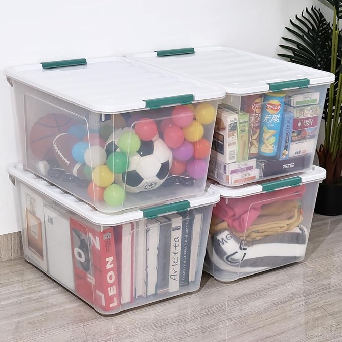 85 Quart Plastic Storage Bin with Wheels, Extra Large Clear Latching Container Box, 4 Pack