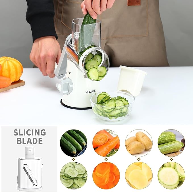 Cambom Rotary Cheese Grater Hand Crank Cheese Shredder for Fresh Cheese, Vegetable, Nuts,Non-slip Suction Base, Free Cleaning Brush Three Blades, White