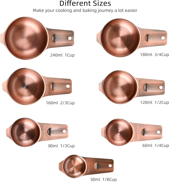 zoyizi Copper Measuring Cups and Spoons Set 17, 7 Stainless Steel Measuring Cups&9 Long Hanlde Narrow Measuring Spoons for Spice Jar&Leveler, Kitchen Metric&US Measure Cup Spoons for Dry and Liquid