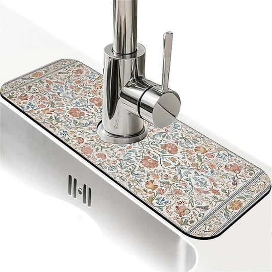 Kitchen Sink Splash Guard，Exquisite flower and bird Faucet Mat Sink Gadgets-Super Absorbent Fast Drying Mat Drip Catcher for Kitchen, Bathroom,Sink Mat, Dish Drying Mat, Bathroom(15" X 5.5" )