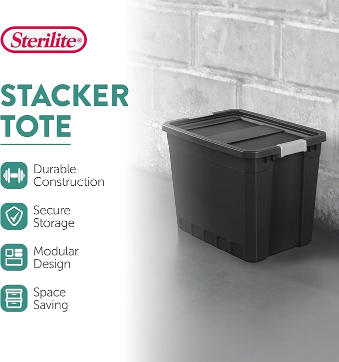 Sterilite 8-Pack Plastic Storage Bins with Lids, Stackable Containers, 27 Gallon, Black