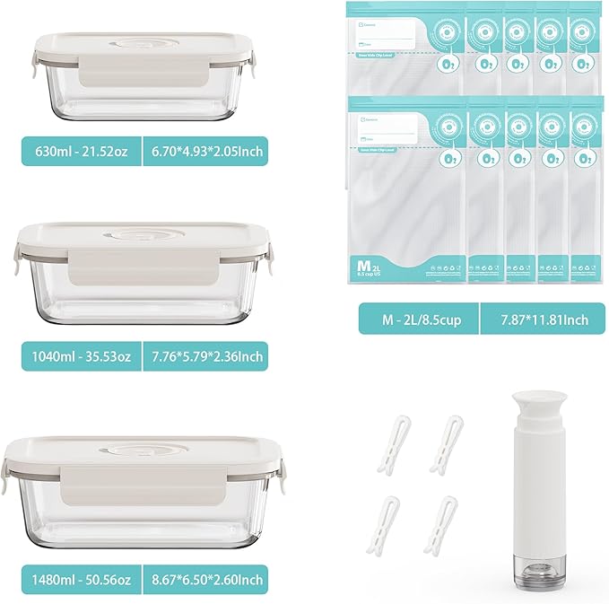 Vacuum Seal Glass Food Storage Containers, 3pcs Containers with 10pcs Sous Vide Bags/ 1pc Manual Pump, Meal Prep Container with Airtight Locking Lids for Lunch, Long-Lasting Freshness