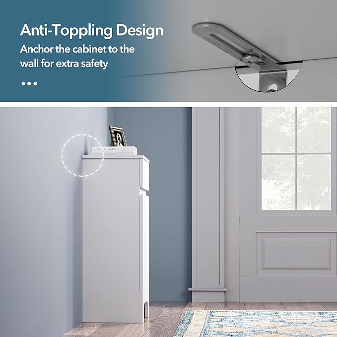 VANIRROR Small Bathroom Cabinet with Adjustable Shelves, Drawer, Anti-Tip Design, 14.96" L x 11.81" W x 32.09" H, Durable MDF for Bathroom, Kitchen, Laundry, Soft-Close Door