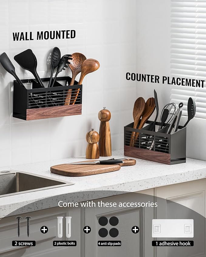awesohome Utensil Holder for Kitchen Counter, Cooking Utensil Holder with Stone Drying Mat for Storage Spatula, Ladle, Scoop in Farmhouse Countertop with Wooden Pattern Printed, Matte Black