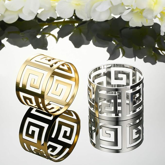 96 Pcs Gold Napkin Rings Hollow Out Napkin Rings Holder Set Metal Serviette Buckle Bulk for Dinner Table Decoration Christmas Holiday Wedding Party Birthday Banquet Gathering