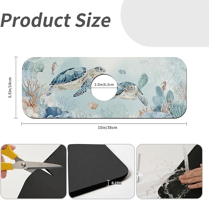 Kitchen Sink Splash Guard，two turtles Faucet Mat Sink Gadgets-Super Absorbent Fast Drying Mat Drip Catcher for Kitchen, Bathroom,Sink Mat, Dish Drying Mat, Bathroom(15" X 5.5" )
